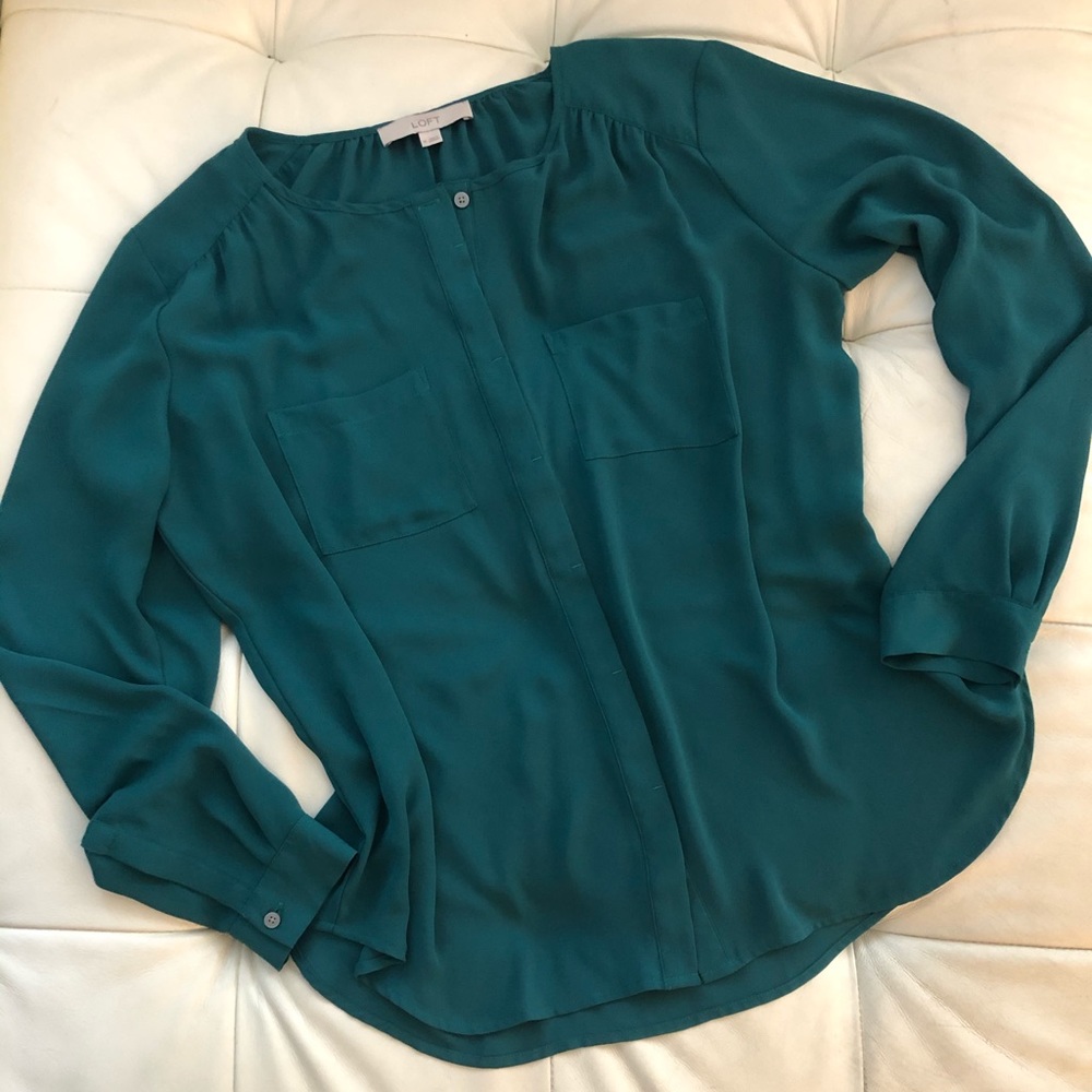 Loft Emerald Green Long Sleeve Blouse - M